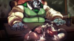 anthro balls belly big_belly bodily_fluids canid canine cum cum_in_mouth cum_inside cursedmarked duo ejaculation gameover_(game) genital_fluids genitals male male/male mammal musclegut muscular nipples oral oral_penetration penetration penis professor public public_sex sex teacher varon_(gameover)