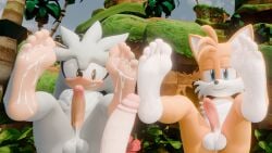 16:9 3d_(artwork) 4k absurd_res after_sex anthro anus athletic athletic_male balls blush bodily_fluids canid canine chest_tuft cum cum_on_feet digital_media_(artwork) duo eulipotyphlan feet foot_fetish foot_focus foot_play footjob fox genital_fluids genitals grass hedgehog hi_res legs_up male male/male mammal offscreen_character outside penis plant sega sex silver_the_hedgehog smile smirk sonic_(series) sonic_the_hedgehog_(series) sunny tails tails_the_fox tuft twintails3d vein veiny_penis widescreen