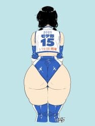 1girls ass black_hair blue_background crop_top detached_sleeves facing_away from_behind huge_ass light-skinned_female light_skin nyogiku shorts simple_background solo volleyball_uniform wide_hips