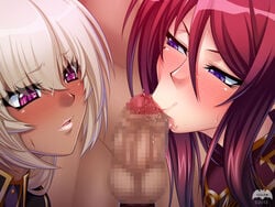 2girls beatrice_kushan beauty_mark blush censored collaborative_fellatio dark_skin fellatio kagami kangoku_senkan kangoku_senkan_3 kila_kushan lilith-soft oral penis threesome