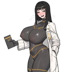 1girls black_hair blunt_bangs blush bodysuit cameltoe cesara_(limbus_company) female female_only green_eyes hand_in_pocket impossible_clothes labcoat limbus_company long_hair looking_at_viewer navel_visible_through_clothes nipple_bulge nipples_visible_through_clothing open_mouth pale-skinned_female pale_skin project_moon pussy pussy_visible_through_clothes skindentation smile solo sweat sweaty_body waste22 white_background 종량제쓰레기는월요일