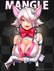 1girls animatronic bandages big_breasts bow_tie bowtie bra breasts female female_only five_nights_at_freddy's five_nights_at_freddy's_2 fox_ears fox_girl gloves hair_over_eyes hair_over_one_eye holding_breasts human humanization humanized humanized_animatronic ko-on ko-on_(ningen_zoo) large_breasts lipstick looking_at_viewer mangle_(fnaf) ningenzoo oppai short_hair solo teeth white_gloves white_hair yellow_eyes