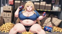 ai_generated belly_fat blonde_hair chubby chubby_female cleavage fat obese potato_chips soda tight_clothing