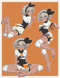1girls absurdres barefoot bea_(pokemon) black_bodysuit black_hairband bodysuit bodysuit_under_clothes border bow_hairband closed_mouth collared_shirt commentary dark-skinned_female feet female grey_eyes hair_between_eyes hairband highres hyyun_ho knee_pads looking_at_viewer multiple_views nintendo outline pokemon pokemon_ss print_shirt print_shorts shirt short_hair short_sleeves shorts side_slit side_slit_shorts soles toes v white_border