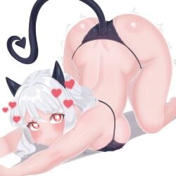 absurdres ass bikini black_bikini breasts cat_stretch demon demon_girl demon_horns demon_tail feline heart highres horns huge_ass modeus_(helltaker) non-web_source red_eyes sacchanart self-upload sideboob stretching swimsuit tail trembling white_hair