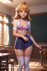 1girls ai_generated alternate_costume artist_name blonde_hair blue_eyes blue_skirt bra breasts chair chalkboard choker classroom cleavage collarbone crown desk earrings hi_res indoors jewelry lips long_hair looking_at_viewer mario_(series) medium_breasts nintendo open_clothes open_shirt patreon_username pink_bra plaid plaid_skirt pleated_skirt princess_peach progenarts school school_desk school_uniform shirt skirt solo sphere_earrings super_mario_bros. thighhighs underwear watermark web_address white_shirt white_thighhighs window zettai_ryouiki