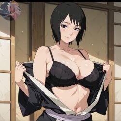 1girls ai_generated alternate_breast_size big_breasts black_eyes black_hair bra breasts breasts_out busty female female_focus female_only fishnets flashing flashing_breasts half-closed_eyes highres hourglass_figure huge_breasts indoors kimono kimono_pull large_areolae large_breasts lazeai legs_together medium_hair naruto naruto_(series) naruto_shippuden open_clothes oppai pinup presenting presenting_breasts pulled_by_self sagging_breasts shizune shy sweat sweatdrop thick_thighs thighs uncensored undressing undressing_self voluptuous