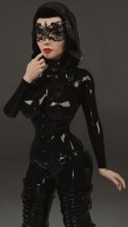 3d bioshock bioshock_infinite black_hair blender breasts burial_at_sea corset elizabeth_comstock eye_mask female female_only fully_clothed lace latex latex_clothing latex_suit lipstick neck_corset pinup_pose posing shiny_clothes skyebunny thigh_boots tight_clothing