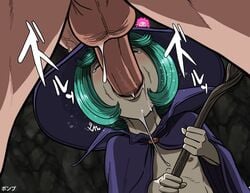 age_difference berserk blowjob blush green_hair guts_(berserk) older_male older_male_and_younger_female saliva_drip schierke small_breasts younger_male