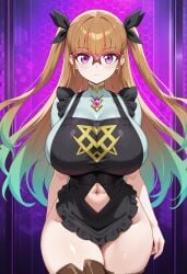 ai_generated alternate_breast_size apron belly belly_button big_breasts black_stockings blush breasts brown_hair civitai collarbone female glasses huge_breasts large_breasts long_hair looking_at_viewer) multicolored_hair navel_cutout no_panties ohdo_yuamu pantyless purple_eyes thick_thighs yu-gi-oh! yu-gi-oh!_go_rush!! yuamu_ohdo