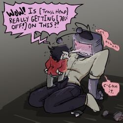 2boys annoyed annoyed_expression blush deltarune deltarune_chapter_3 dialogue drunk drunk_sex english english_dialogue english_text footjob footjob_over_clothes footjob_with_one_foot gay humping humping_leg leaking_precum male_only precum robot robot_boy size_difference spamton_g._spamton spamton_g_spamton teasing tenna_(deltarune) text text_bubble