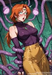 ahe_gao ai_generated bangs bare_shoulders blush breasts bridal_gauntlets clothing covered_collarbone detached_sleeves dress earrings eyewear female female female_only glasses gloves green_eyes hair_intakes ila_(rune_soldier) jewelry jousneystudio large_breasts legwear long_hair long_skirt medium_breasts mind_control necklace nipples nose_blush open_mouth orange_hair parted_bangs ponytail purple_shirt restrained round_eyewear rune_soldier_(mahou_senshi_louie) saliva sex shirt skirt sleeveless sleeveless_shirt solo standing tentacle tentacle_sex thighs tongue tongue_out turtleneck yellow_skirt