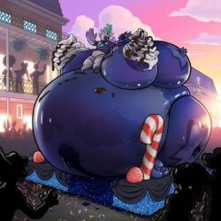 big_breasts blueberry_inflation crowd crowd_watching furry huge_belly inflation parade rimou spherical_inflation tagme whipped_cream