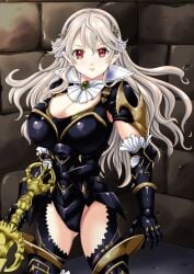 1girl, armor, ass_visible_through_thighs, black_armor, black_hairband, breasts, cleavage, closed_mouth, corrin_(fire_emblem) cowboy_shot, female, gauntlets, gloves, gold_trim, hairband, holding_weapon, large_breasts, leotard, lips, long_hair, looking_at_viewer, pointy_ears, red_eyes, shiny, silver_hair, solo, standing, sword, thigh_boots thighhighs, weapon, white_hair,