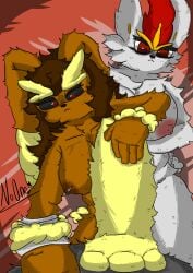 absurd_res anthro bandage bent_legs black_sclera breasts brown_body brown_fur cinderace crossed_arms eyelashes female fur generation_4_pokemon generation_8_pokemon group hi_res judging_you lagomorph leaning leaning_forward leporid lopunny mammal muscular muscular_anthro muscular_female nintendo noonearts piercing pokemon pokemon_(species) step_pose trio white_body white_fur