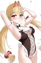 absurdres ahoge alice_thymefield animal_ears armpits arms_up blonde_hair blush braid breasts censored cowboy_shot english_commentary expressionless female heart heavy_breathing heterochromia highres knosdeba large_breasts long_hair looking_at_viewer mosaic_censoring navel nose_blush pussy red_eyes sideboob simple_background solo variant_set white_background yellow_eyes zenless_zone_zero
