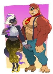 abs anthro ape ass athletic athletic_anthro athletic_female biceps big_breasts big_bulge big_butt big_muscles bottomwear breasts bulge clothed clothing crop_top cuffs_(clothing) donkey_kong_(character) donkey_kong_(series) donkey_kong_bananza duo ear_piercing ear_ring eyewear female footwear genitals glasses golden_lipstick gorilla hand_feet haplorhine high_heels huge_muscles hyper hyper_muscles kong larger_male lipstick makeup male male/female mammal mascara monkey muscular muscular_anthro muscular_male necktie nintendo nipples pants pecs penis perfume_bottle piercing pokkuti poppy_kong primate ring_piercing shirt shoes size_difference smaller_female smile suspenders thick_thighs tight_bottomwear tight_clothing tight_pants topless topless_anthro topless_male topwear touching_bulge touching_penis wearing_glasses wide_hipped_anthro wide_hipped_female wide_hips
