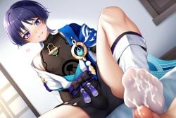 1boy 1femboy ai_generated boy cum_on_feet femboy foot_fetish footjob gay genshin_impact sockjob wanderer_(genshin_impact)