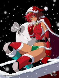 christmas female hat nyanko_batake original red_eyes red_hair sack santa_hat short_hair solo speedo swimsuit