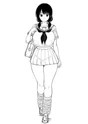 1girls curvy facing_viewer greyscale large_breasts leg_warmers monochrome nyogiku school_uniform skirt solo standing thick_thighs wide_hips