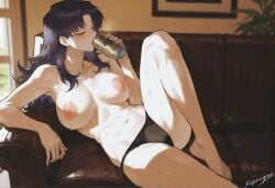 ai_generated beer big_breasts black_panties blush closed_eyes drinking kizirugai laying_on_couch misato_katsuragi mostly_nude neon_genesis_evangelion panties_only purple_hair sweating topless