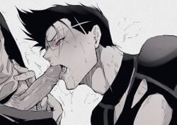 2boys barou_shouei blue_lock chuma_a_a clothes_pull erection fellatio greyscale highres licking licking_penis male_focus male_pubic_hair monochrome multiple_boys nagi_seishirou oral pants pants_pull penis pubic_hair red_eyes saliva short_hair simple_background spot_color tongue tongue_out veins veiny_penis yaoi