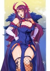 bare_shoulders blue_dress breasts chinese_clothes cleavage dress elbow_gloves female fishnet_legwear fishnets gloves large_breasts long_hair open_mouth purple_eyes purple_hair solo thighhighs white_gloves