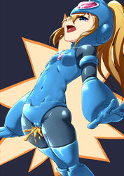 1girls artist_request blonde_hair blue_eyes bodysuit cameltoe female gloves helmet latex mega_man peeing ponytail rokko-chan rokko-chan_(character) small_breasts solo tears tied_hair tongue tongue_out urine watersports young