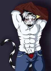 abs anthro big blush clothing dragonslash feline fluffy fur furry furry_only hairy jeans leo male male_only muscles pants pecs surprised tiger voyeur