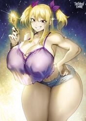 1girls big_ass big_breasts blonde_hair booty_shorts brown_eyes cleavage color curvaceous curvy_female earrings fairy_tail female female_only grinning hi_res holding_object hourglass_figure huge_ass large_breasts light-skinned_female light_skin looking_at_viewer lucy_heartfilia pawg short_shorts standing tank_top thegoldensmurf thick thick_thighs twintails voluptuous voluptuous_female wide_hips