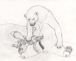 anthro balls bear boots canine claws clothing coat fangs female feral forced fox heterochromia interspecies male monochrome pants parka pawpads penis polar_bear sheath size_difference snow straight strega zoophilia