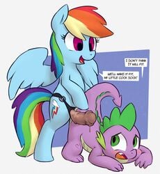 2013 blue_fur blush cutie_mark dialogue dildo duo english_text equine female feral friendship_is_magic fur green_eyes hair horse male multicolored_hair my_little_pony pegasus ponchuzn pony purple_eyes rainbow_dash_(mlp) rainbow_hair sex_toy spike_(mlp) strap-on text wings