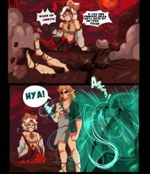 1boy 1girls absurdres archaic_set_(zelda) black_gloves blonde_hair english_text eyeshadow female glasses gloves hair_bun hair_ornament highres if_we_win_i'll_sit_on_your_face_(meme) karbuitt link makeup meme nintendo pantyhose parody pointy_ears purah red-framed_eyewear red_eyes red_eyeshadow round_eyewear sandals short_hair standing tears_of_the_kingdom the_legend_of_zelda the_legend_of_zelda:_tears_of_the_kingdom white_hair