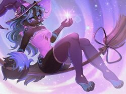 4:3 anthro blue_body blue_fur blue_hair blue_nose breasts broom broom_riding canid canine cepto_(artist) choker claws cleaning_tool clothing ear_piercing female fur fur_markings hair hat headgear headwear hi_res jewelry legwear leotard looking_at_viewer magic magic_user mammal markings necklace piercing pink_clothing pink_eyes pink_leotard small_breasts smile solo stockings strapless_clothing strapless_leotard tagme witch witch_hat