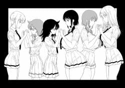 6+girls breasts facing_viewer gigantic_breasts greyscale holding_hands huge_breasts large_breast looking_at_another looking_at_viewer medium_breasts monochrome multiple_girls nyogiku school_uniform skirt small_breasts standing