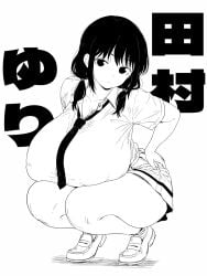 1girls 3:4 breasts curvy female gigantic_breasts greyscale monochrome nyogiku school_uniform skirt solo squatting thick_thighs