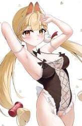 absurdres ahoge alice_thymefield animal_ears armpits arms_up blonde_hair blush braid breasts censored cowboy_shot english_commentary expressionless female heart heterochromia highres knosdeba large_breasts long_hair looking_at_viewer navel nose_blush pussy red_eyes sideboob simple_background solo uncensored variant_set white_background yellow_eyes zenless_zone_zero