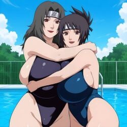 2girls ai_generated alternate_breast_size asymmetrical_docking black_hair blush breast_press breasts_bigger_than_head brown_eyes busty center_opening child_bearing_hips competition_swimsuit curvaceous curvy curvy_figure embrace female happyartai hourglass_figure hugging implied_yuri kurenai_yuhi light-skinned_female light_skin lipstick long_hair looking_at_viewer mitarashi_anko multiple_girls naruto naruto_(series) naruto_shippuden one-piece_swimsuit oppai outdoors pinup ponytail pool poolside purple_hair red_eyes smile solo solo_focus swimsuit thick_thighs tied_hair top_heavy top_heavy_breasts upper_body voluptuous voluptuous_female yuri