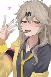 aqua_eyes armband blonde_hair cum cum_on_body cum_on_fingers cum_string eru_aise female gyaru heart highres jewelry kasukabe_tsumugi kogal long_hair nail_polish necklace necktie solo tongue tongue_out voicevox white_background