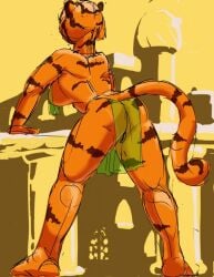 anthro arabian_clothing ass breasts building clothed clothing feet felid female fur hi_res jeri_kleinlowe macro mammal middle_eastern_architecture mostly_nude nipples orange_body orange_fur outside pantherine rear_view skimpy solo striped_body striped_fur stripes tail tiger