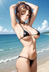 1girls ai_generated armpits arms_up beach bikini breasts brown_eyes brown_hair female gypsy koudelka koudelka_iasant looking_at_viewer medium_breasts ocean shadow_hearts