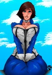 areolae big_breasts bioshock bioshock_infinite blue_eyes bolero breasts brown_hair choker corset elizabeth_comstock female female_focus female_only gloves large_breasts looking_at_viewer nipples short_hair sitting skirt solo tagme zarietu