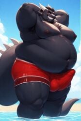 ai_art ai_generated beach big_bulge black_body black_scales blush bulge chest_hair dragon erection_pushing_swimwear erection_under_clothing fat fat_arms fat_legs fat_male fatass goatee grinning hands_behind_head happy_trail horns male male_only moobs nipples scalie scalie_male standing standing_in_water swimming_trunks swimwear tail tight_clothing tight_shorts