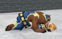 3d 3d_model bear black_pants black_tank_top brown_fur cat catgirl cropped defeated_heroine downed female furry gameplay_screenshot kissing knocked_out male male/female orange_fur shooki_(taiwan_coolfox) size_difference surechie_(taiwan_coolfox) taiwan_coolfox unconscious unconscious_female wrestling_outfit wrestling_ring xiao_qing_(taiwan_coolfox)