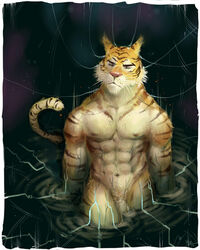 abs anthro biceps black_fur flaccid frown fur furry male male_only nipples nude orange_fur pecs penis pockyrumz pubes sad stripes water wet white_fur