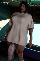 3d black_fingernails black_lipstick condom condom_on_penis fareeha_amari looking_at_viewer muscular_futa oversized_shirt overwatch pharah septum_piercing shirt_only veiny veiny_penis yeetiques