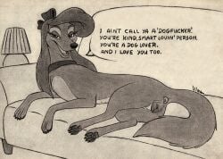 1girls anatomically_correct anatomically_correct_anus anatomically_correct_pussy anatomically_correct_vulva animal_genitalia animal_pussy animal_vulva anus canid canine canine_genitalia canine_pussy canine_vulva canis dialogue disney dixie_(tfath) domestic_dog female feral feral_only furniture genitals graphite_(artwork) hi_res hunting_dog lamp mammal paws saluki sighthound sofa solo speech_bubble the_fox_and_the_hound the_fox_and_the_hound_2 traditional_media_(artwork) vinadog