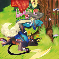 2013 3_toes 4_fingers :d anthro anthro_on_feral ass balls barefoot big big_balls black_fur blue_eyes blue_fur bush canine erection female feral fur happy hi_res interspecies jackal knot koshimoto looking_down looking_up lucario lying male mega_evolution mega_lucario mouse nintendo nude on_back on_floor on_top one_eye_closed open_mouth orange_eyes orange_fur outside pawpads paws penetration penis pink_penis plant pokemon pokemon_(species) pussy raichu raised_arm rodent sex shadow smile spikes straight tan_fur teeth tongue tree vaginal_penetration video_games zoophilia