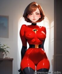 absurd_res ai_generated brown_hair disney elastigirl female female_focus helen_parr hi_res highres mature_female milf mommy ozziru patreon pixar self_upload short_hair standing superhero superheroine the_incredibles uncensored