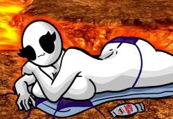 ass bald bald_female black_eyes breasts chetoh claire_(chetoh) egg female female_focus female_only lava laying_down laying_on_stomach looking_at_viewer oc original original_character photo_background purple_bikini purple_bikini_bottom purple_bikini_top smile smiling smiling_at_viewer sunscreen top_removed towel volcano white_body